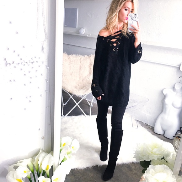 Miracle Sweaters - NWOT oversized lace up black knit sweater